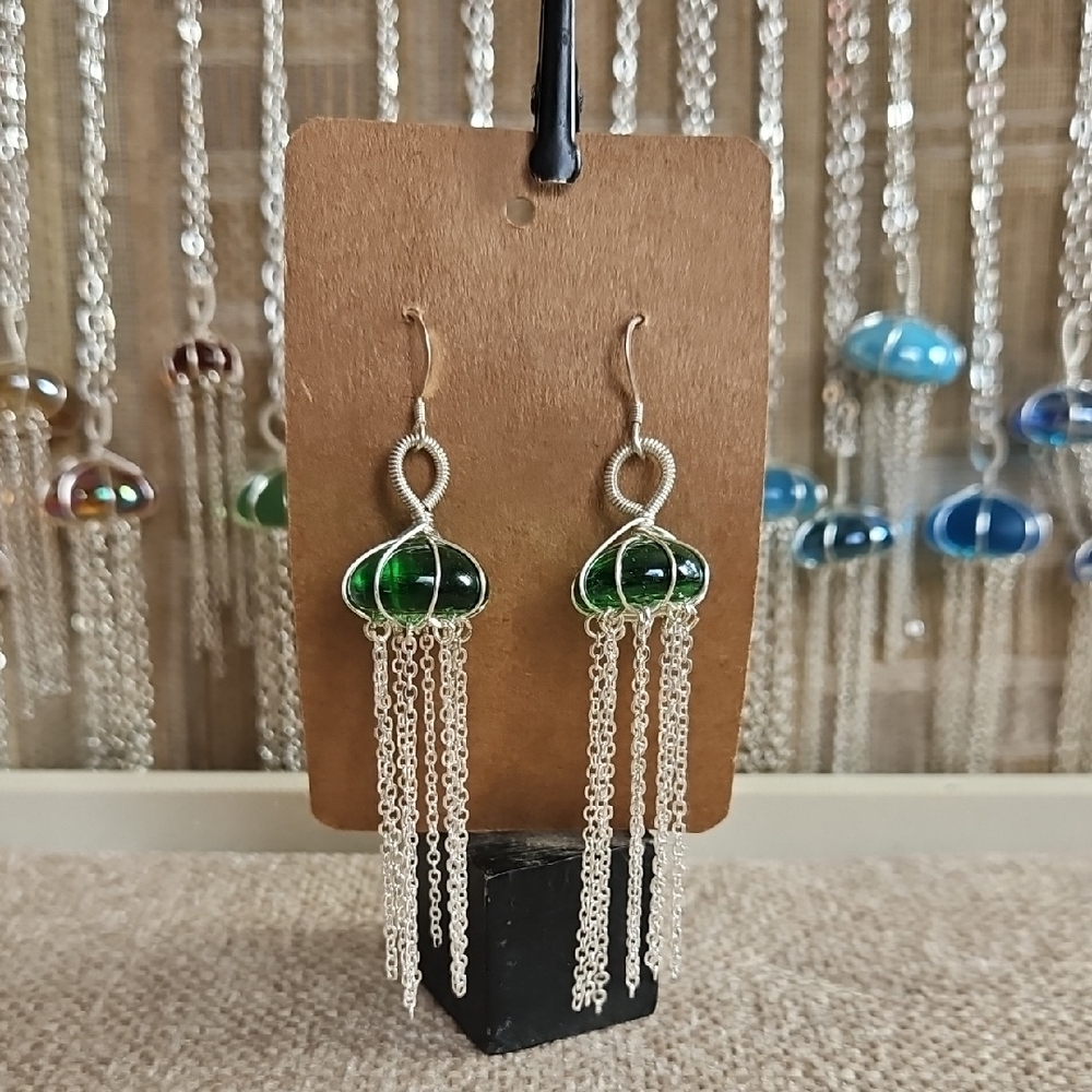 SS.925 Green Glass Jellyfish Earrings